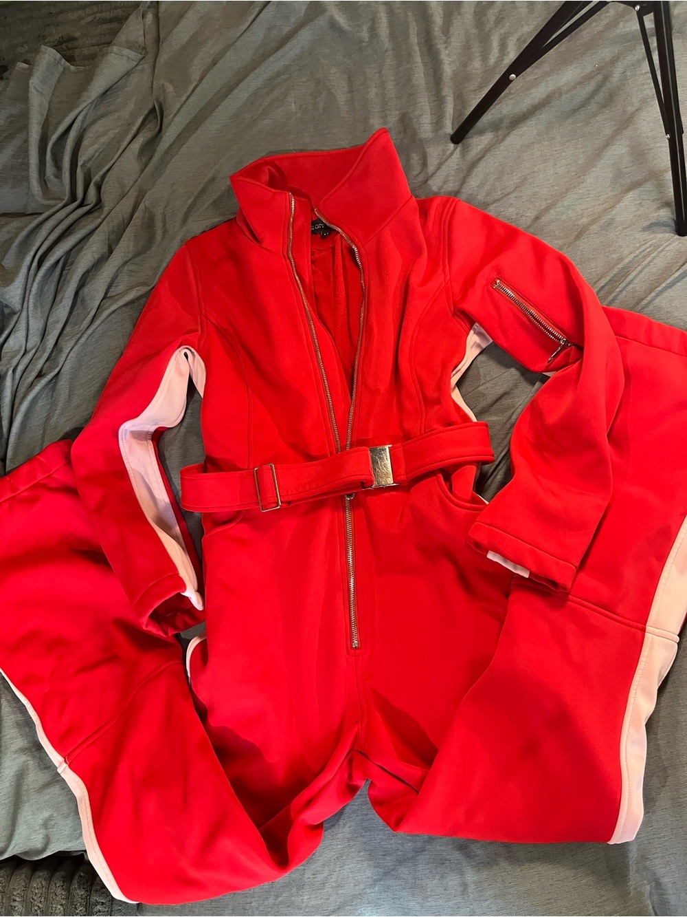 Slope Siren Red Ski suit with Belt and White Trim